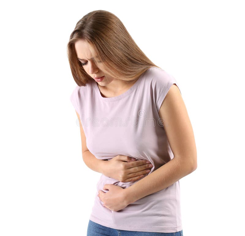 Young woman suffering from abdominal pain on white background