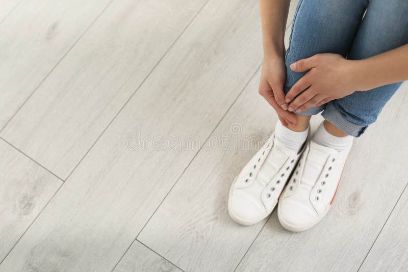 Young Woman Suffering from Leg Pain Indoors Stock Image - Image of rest ...