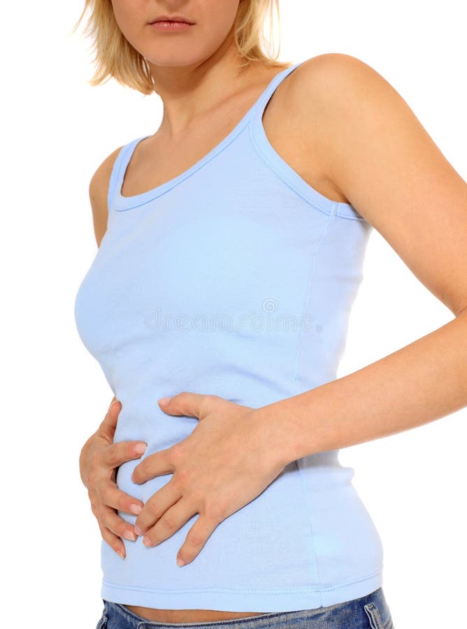 Young woman suffers from stomachache