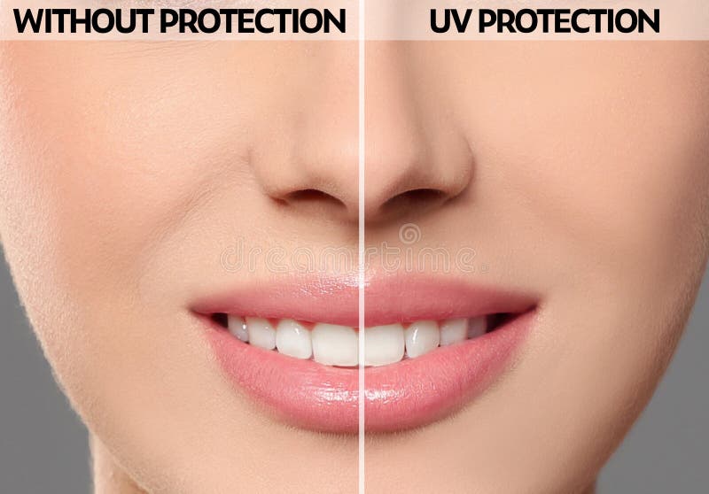 Young woman without and with sun protection cream on her face stock photo Young woman without and with sun protection cream on her face stock photo