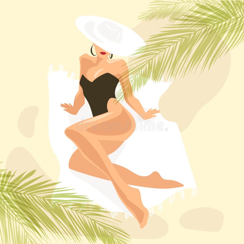 Young woman in swimsuit lying on beach sunbathing under palm trees.Girl in hat relaxing.Modern vector illustration