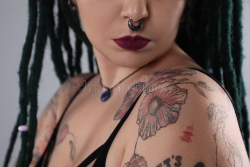 black bras, Anna Sajarova, tattoo, pierced nose, black hair, face, depth of  field, portrait, women, HD Wallpaper | Rare Gallery