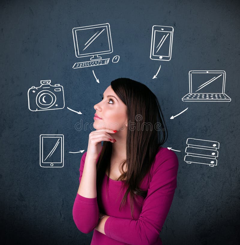 Young woman thinking with drawn gadgets around her head