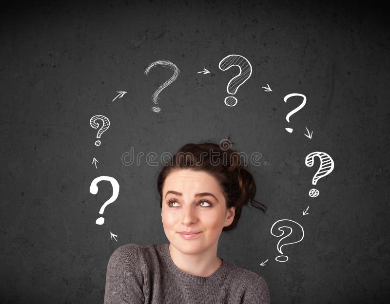 Young woman thinking with question mark circulation around her h