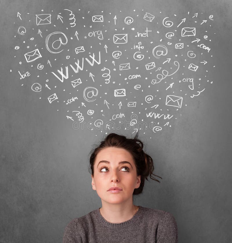 Young woman thinking with social network icons above her head