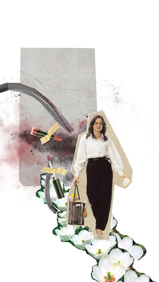 Young woman with trash bin filled with garbage. Lipstick and pollution on background. Contemporary art collage. Concept of ecology, environment, problem, awareness