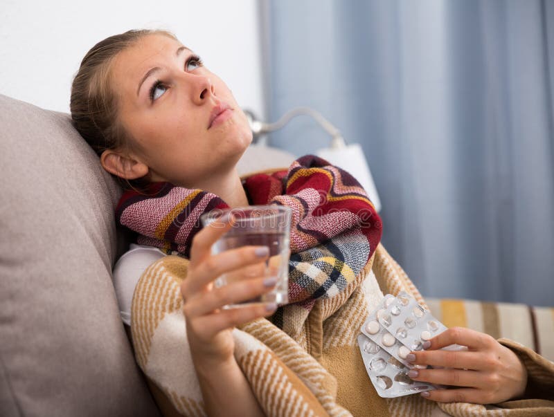 Young Woman is Unhealthy and Drinking Water Stock Photo Image of care