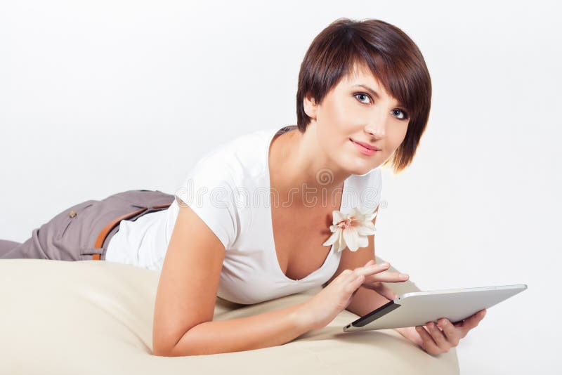 Young woman using iPad stock photo. Image of digital - 21453930