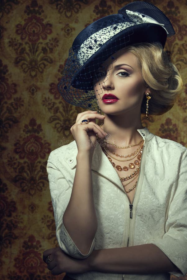 Young Woman with Vintage Style in Jewelry Stock Image - Image of ...