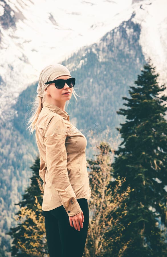 Young Woman Walking Alone at Forest Mountains Stock Photo - Image of ...