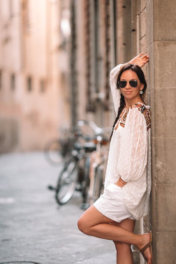 Young Woman Walking Along the Deserted Streets of Europe. Stock Image ...