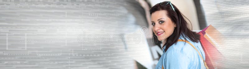 Young woman walking with shopping bags in hand. panoramic banner royalty free stock photo Young woman walking with shopping bags in hand. panoramic banner royalty free stock photo