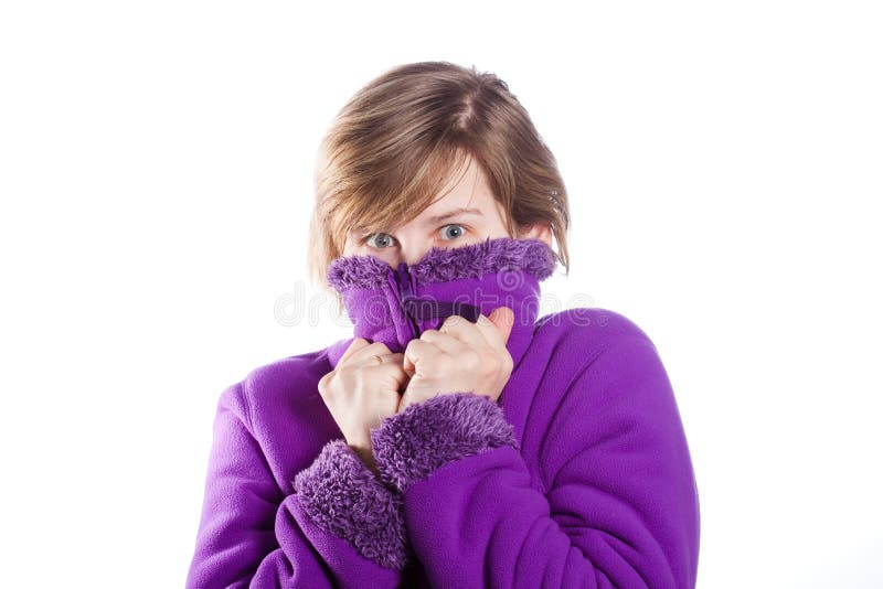 Young woman in a warm violet sweater