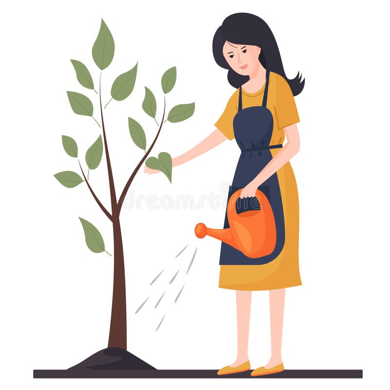 A Young Woman is Watering a Tree. Agricultural Work. Gardening Stock ...