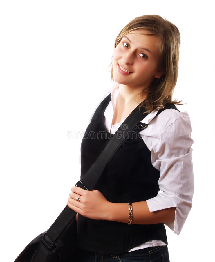 Young woman wearing a bag and smiling