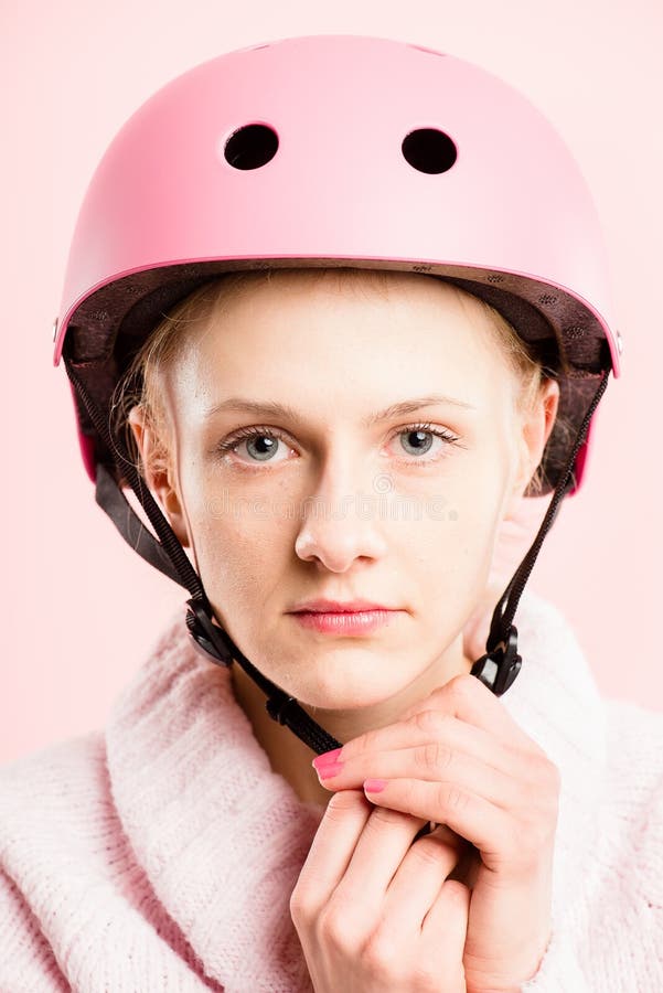Funny Woman Wearing Cycling Helmet Portrait Pink Background Real Stock