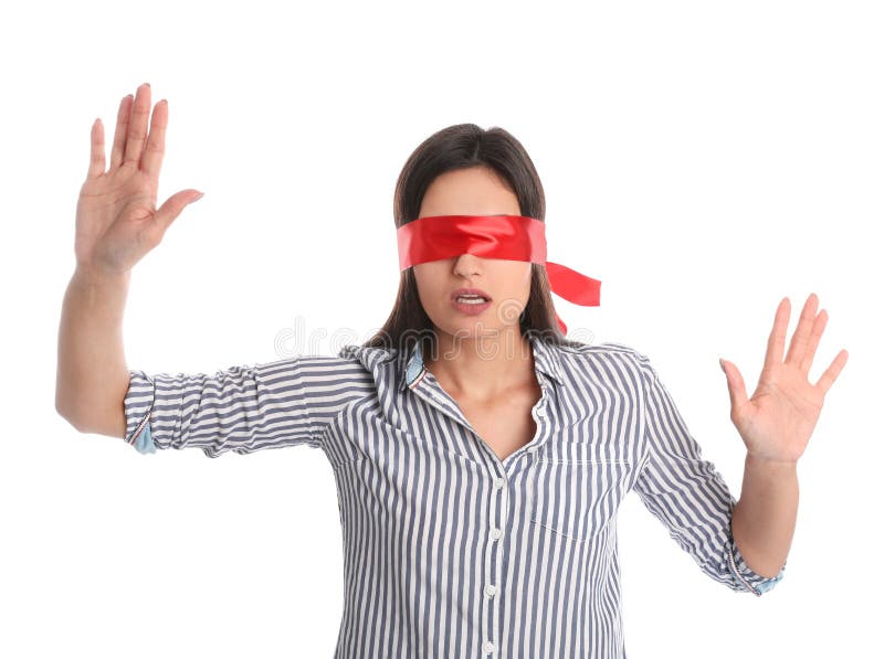 Young Woman Wearing Black Blindfold Isolated On Grey Stock Photo