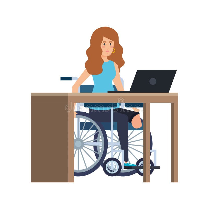 Young Woman in Wheelchair Working in the Office Stock Vector