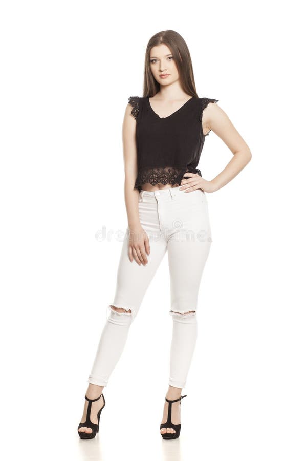Young Woman in White Jeans and High Heels Stock Photo Image of full