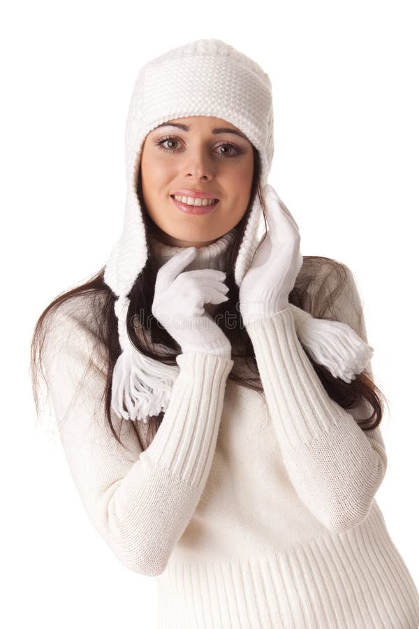 Beautiful young woman in winter clothes on a white background. Winter woolen clothes stock images, royalty-free photos and pictures