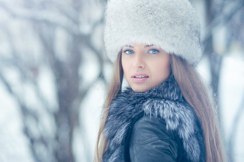 Winter Woman in Snow Outside on Snowing Cold Winter Day. Stock Photo ...