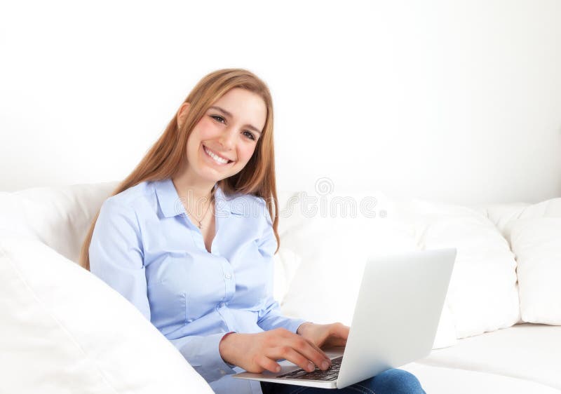 Happy Young Woman with Computer and Coffee Mug Stock Image - Image of ...