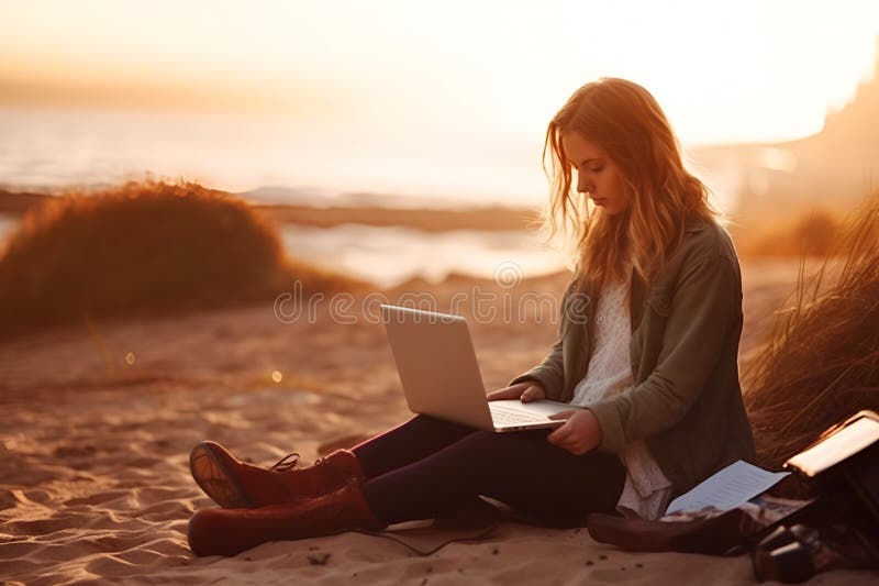 Young Woman Working, Using Laptop Computer on a Beach. Freelance Work