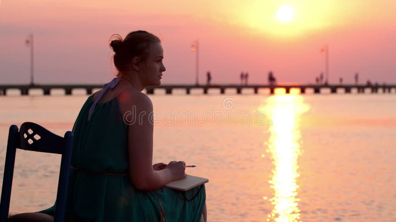 Young woman writing in her diary by the seashore