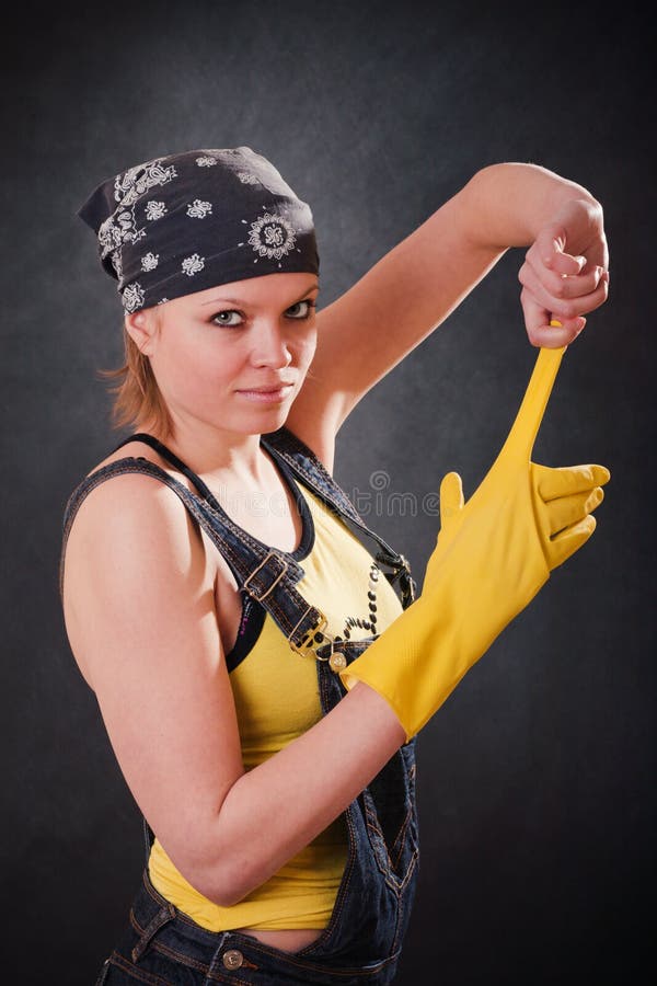 Young Woman with Yellow Gloves Stock Photo Image of clean
