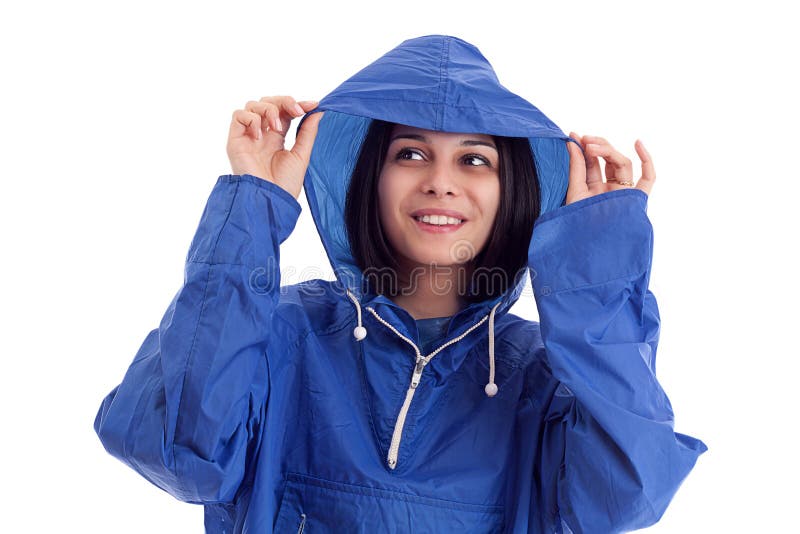 Young Women in a Blue Rain Coat Stock Image Image of looking, mackintosh 24595329