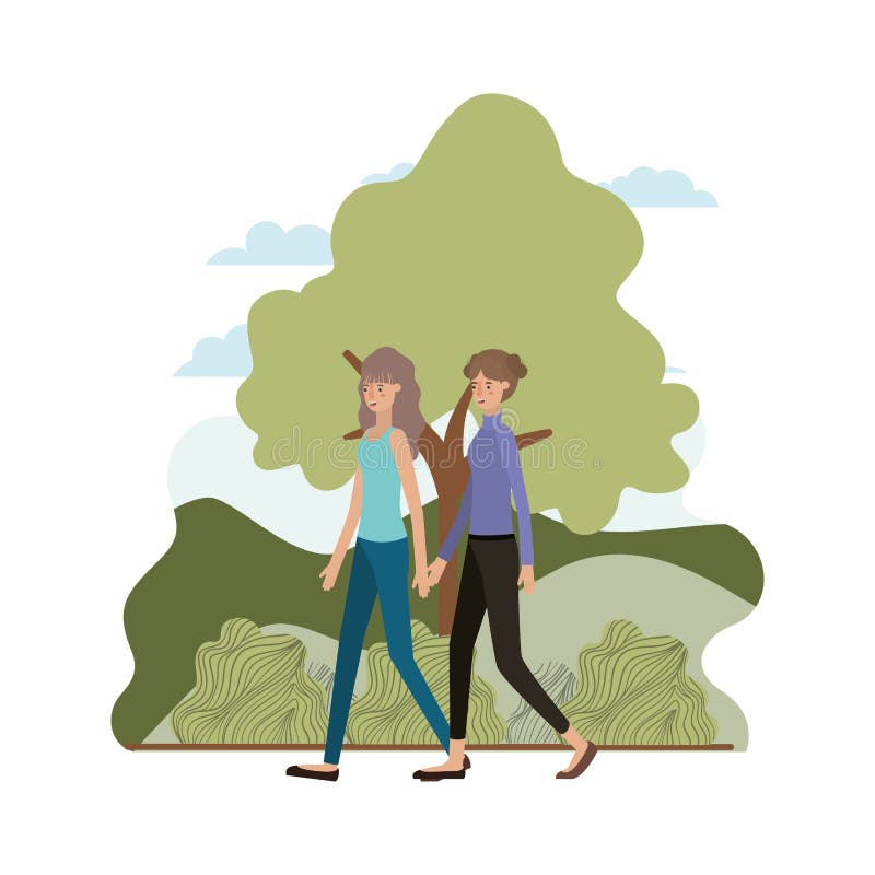 Young women in the landscape avatar character vector illustration desing