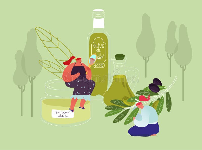 Young Women Use Olive Oil for Cosmetics, Beauty Care and Cooking Purposes. Tiny Female Character