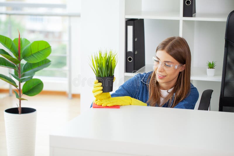 Young Worker Cleaning Desk with Rag in Office Stock Photo Image of
