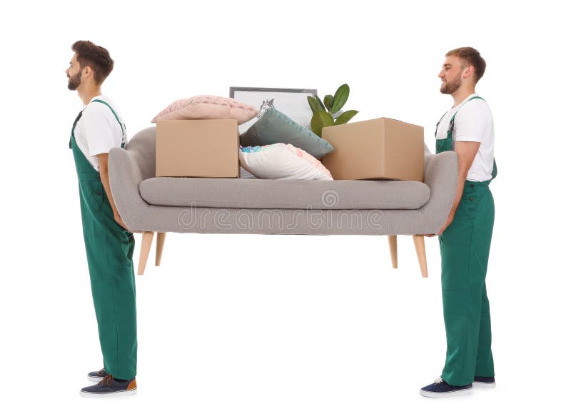 Young workers carrying sofa with stuff isolated on white