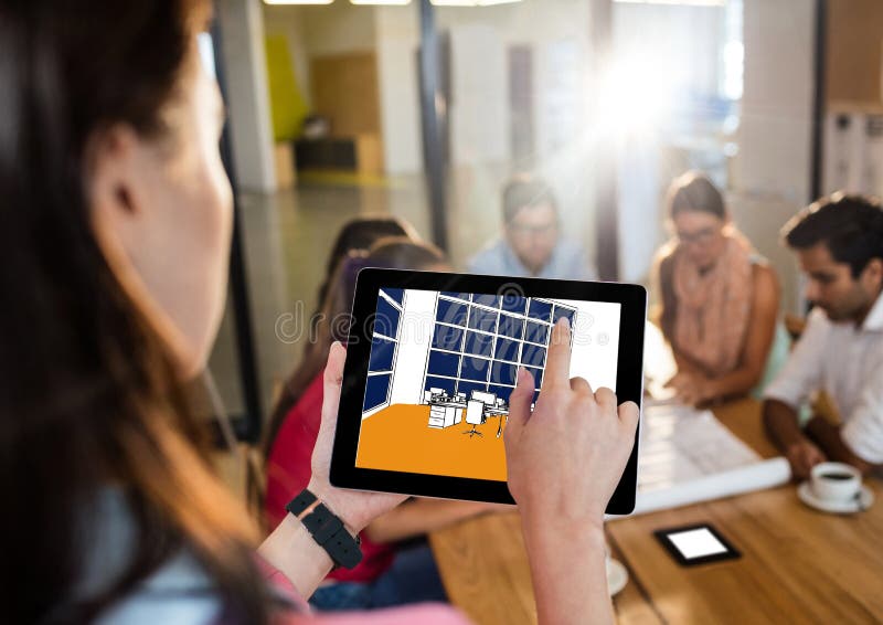 Young workers group (start up). woman with tablet and on it the new office design.(color: blue and o. Digital composite of young workers group (start up). woman royalty free stock photography Young workers group (start up). woman with tablet and on it the new office design.(color: blue and o. Digital composite of young workers group (start up). woman royalty free stock photography