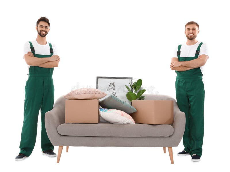 Young workers near sofa with stuff isolated on white