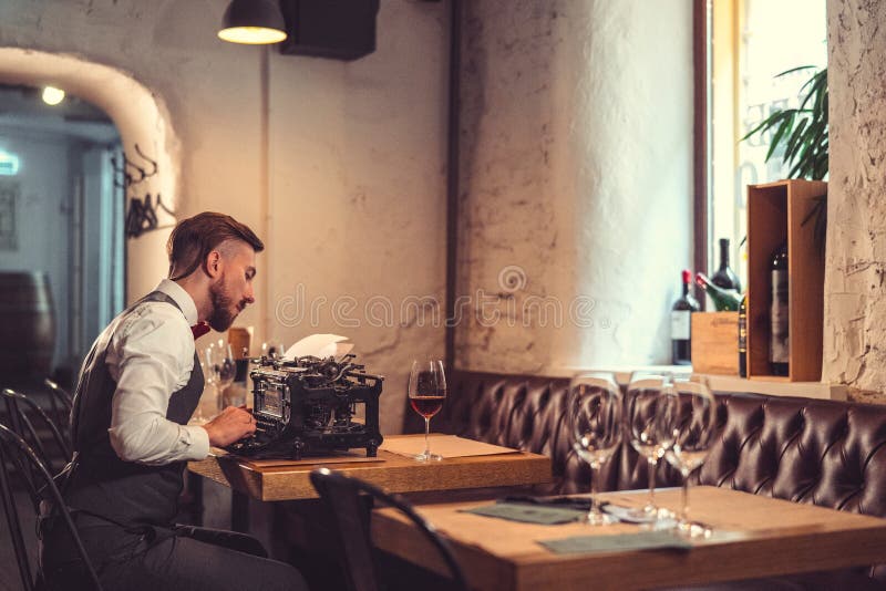 Young Writer Typing on a Retro Typewriter Stock Photo Image of people