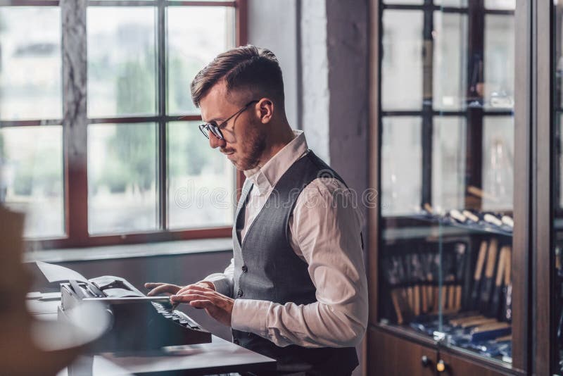 Young Writer Typing on a Retro Typewriter Stock Photo Image of