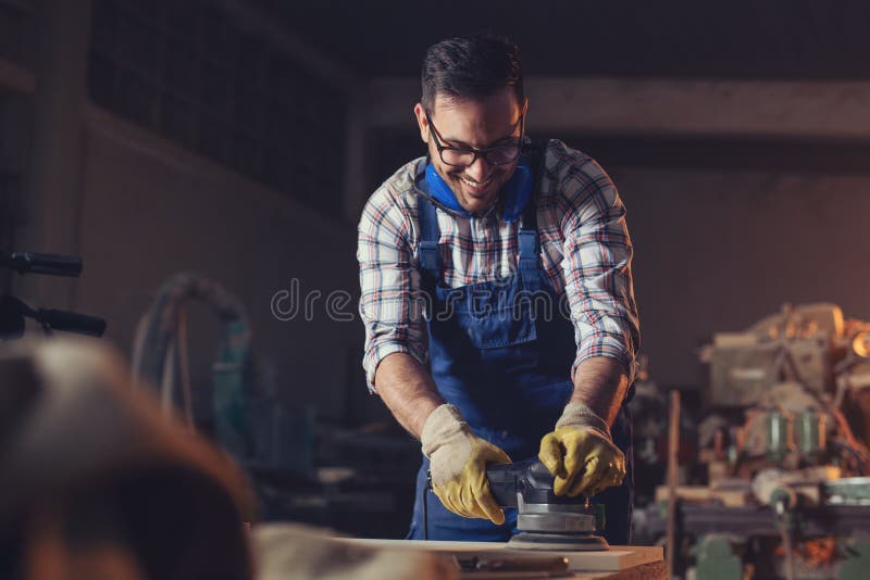 Carpenter Finishing Wood in Carpentry Stock Image Image of