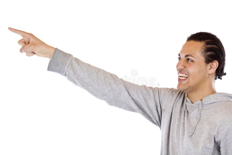 Young, ethiopian man pointing with outstretched arm at ad space. Isolated on white background. Young, ethiopian man pointing with outstretched arm at ad space. Isolated on white background.