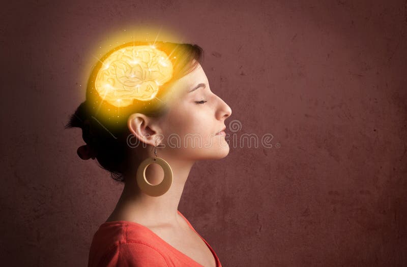 Young girl thinking with glowing brain illustration