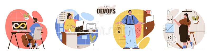 Your DevOps concept scenes set. Programmers working on software vector illustration