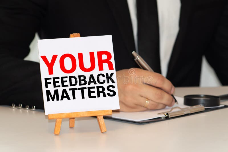 Your Feedback Matters card with a beach on background royalty free stock photo