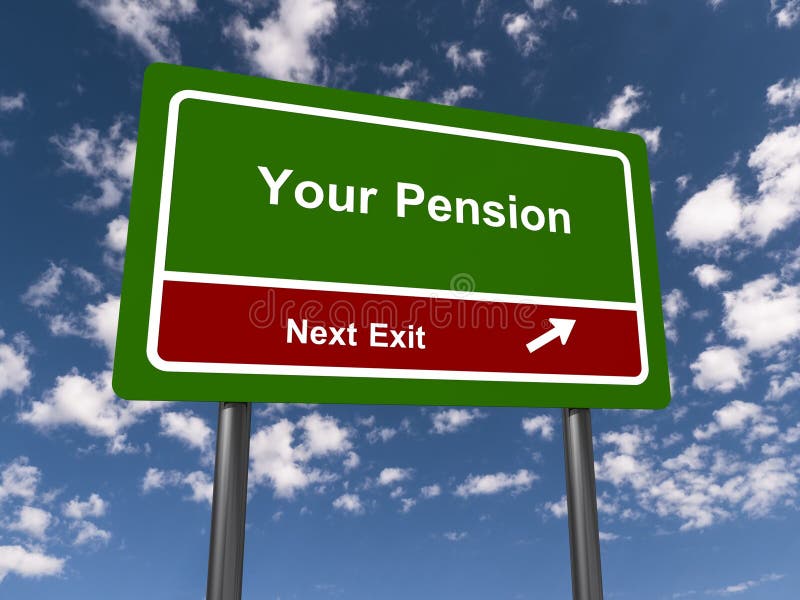 Your pension next exit traffic sign on blue sky background. Sign estimate illustrations
