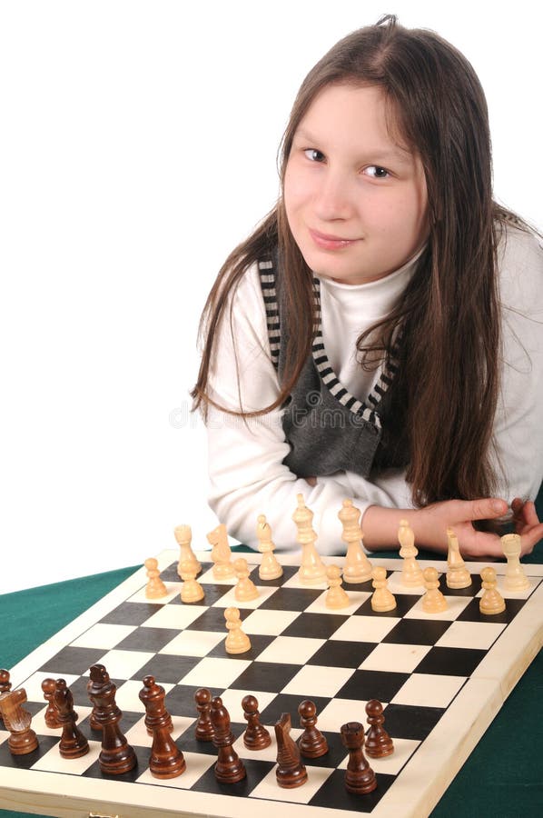 Your turn. Girl inviting to play chess
