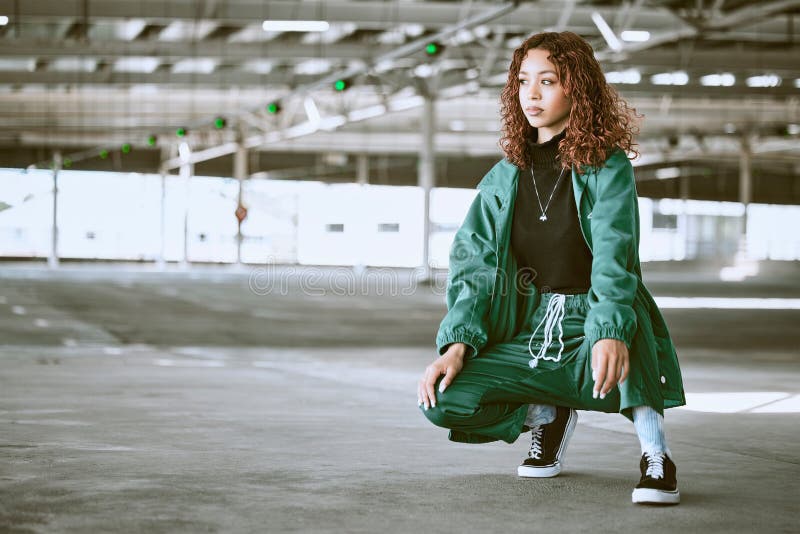 Youth, Fashion and Black Woman with Streetwear in an Urban City Parking ...