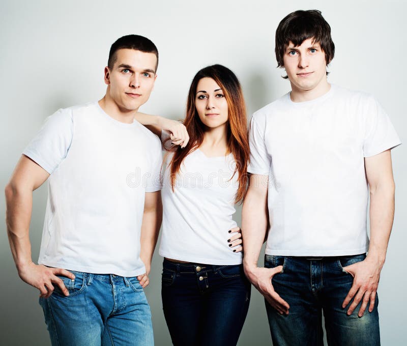 Youth. Young People Students Wearing White Empty T-Shirt