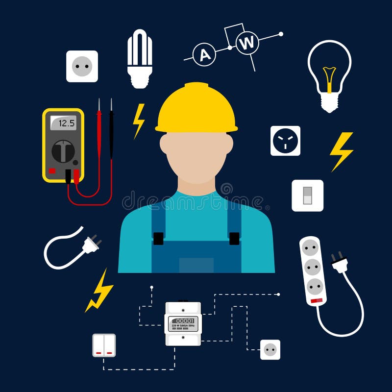 Yrkesmässig elektriker med elkrafthjälpmedel och stock illustrationer