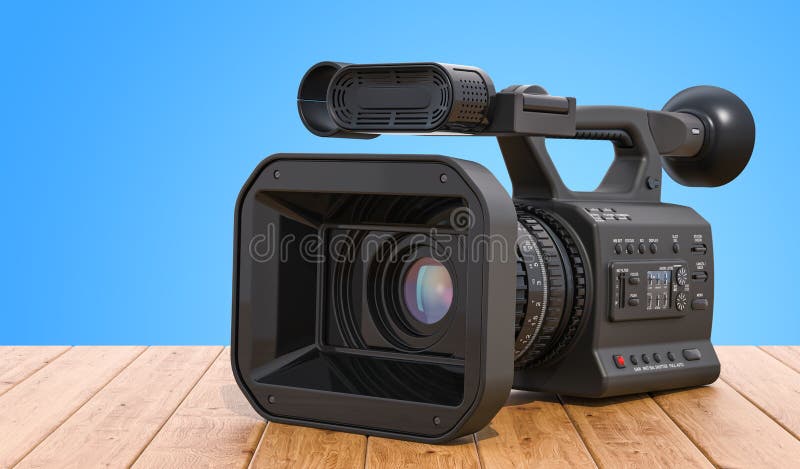 Yrkesmässig videokamera på trätabellen framförande 3d vektor illustrationer Yrkesmässig videokamera på trätabellen framförande 3d vektor illustrationer