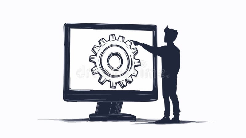 Yrkesmässig växlingssymbol på datorskärm med en person som pekar vektor illustrationer